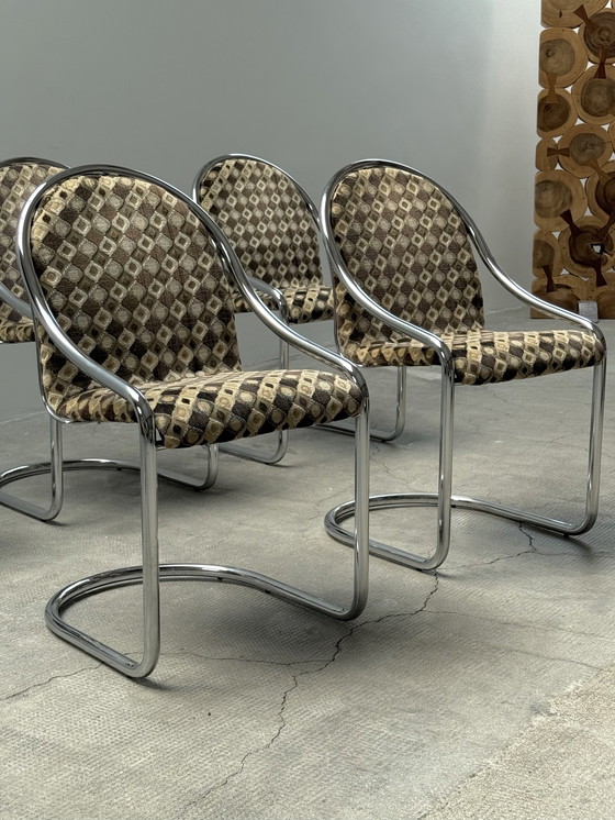 Image 1 of SET OF 5 CHROMED STEELTUBE CANTILEVER CHAIRS IN THE STYLE OF GASTONE RINALDI, ITALY 1970s