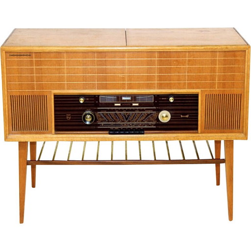 Vintage vinyl radio cabinet "Type F6S 04AR" in oak and teak for Philips, 1950