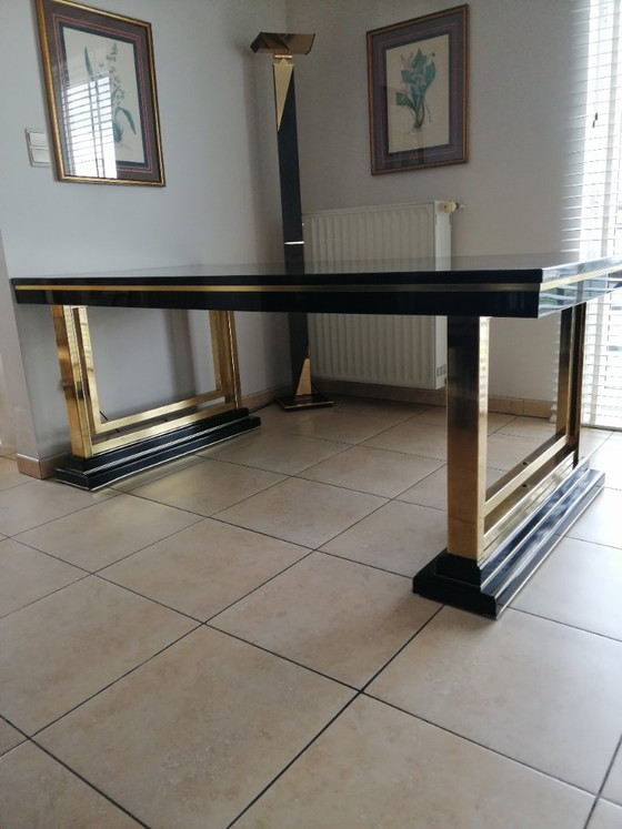 Image 1 of black lacquer dining table with brass inlays Hollywood Regency