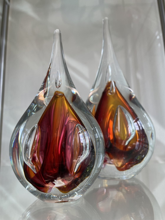 Image 1 of Ozzaro Studio-Kunstglas „Regentropfen“, signiertes orange-rotes Kristall aus Böhmen