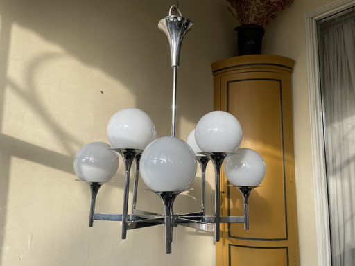 Lamp Pendant Lamp Vintage 60s Chromed 8 Arms White Bulbs French