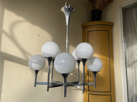 Image 1 of Lamp Pendant Lamp Vintage 60s Chromed 8 Arms White Bulbs French