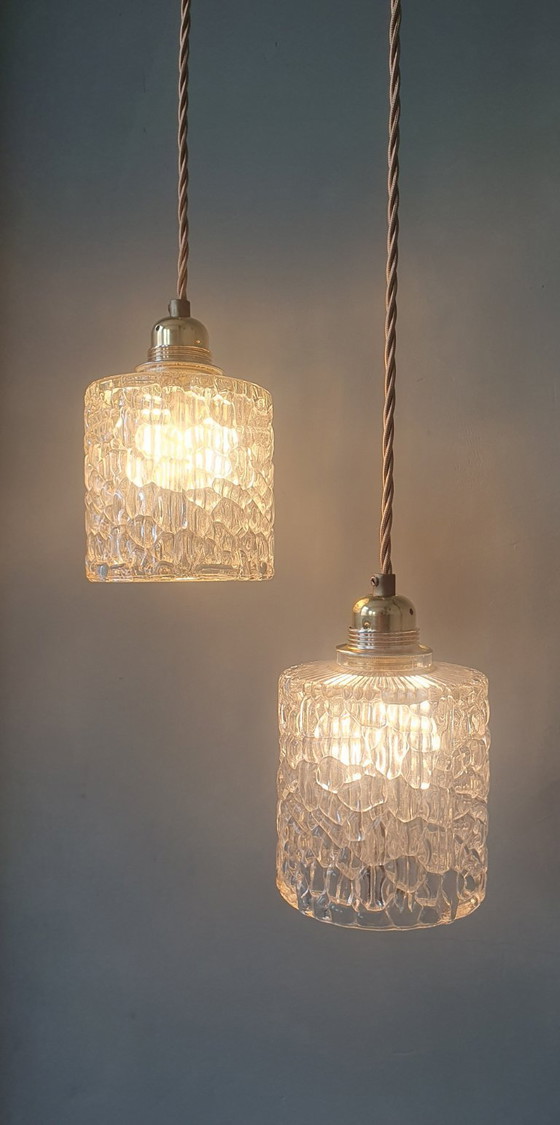 Image 1 of Set van 2 Vintage hanglampen - crackle glass - textuur - midcentury design