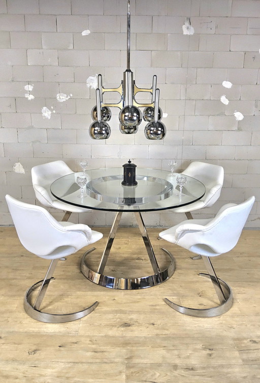 Vintage Frans Space Age Design Eetkamer set Boris Tabacoff Frankrijk 1970 chromen glazen eettafel + 4 leren stoelen