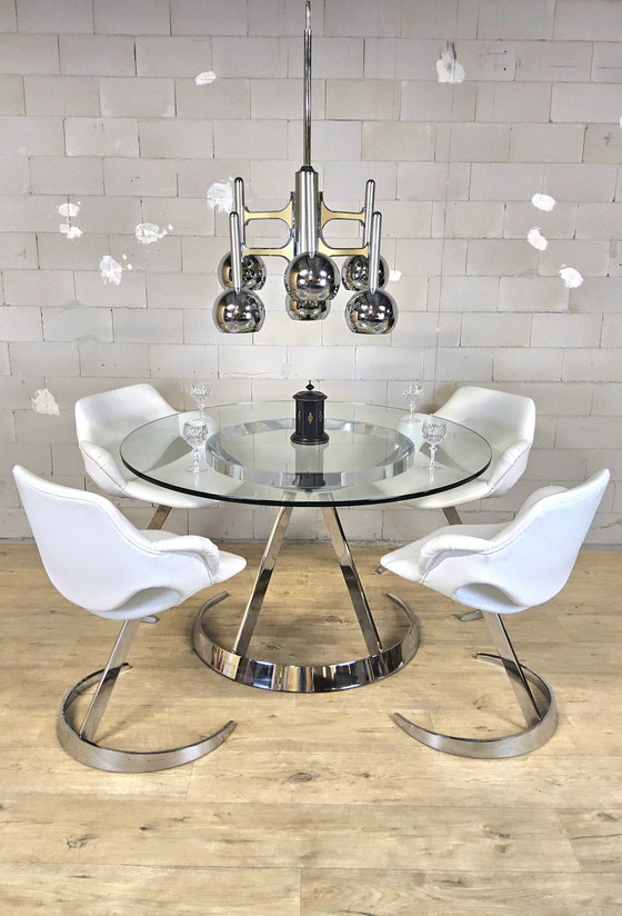 Image 1 of Vintage Frans Space Age Design Eetkamer set Boris Tabacoff Frankrijk 1970 chromen glazen eettafel + 4 leren stoelen