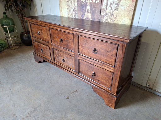Antieke teakhouten ladekast, tv-meubel, wandmeubel, dressoir afm: 156x45cm en 75cm hoog.
