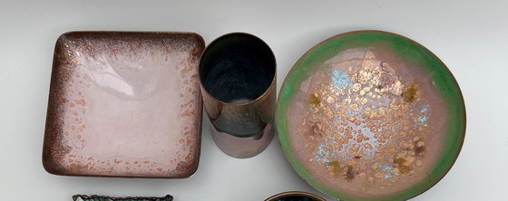 Image 1 of Mid-Century Copper Enamel Collection of Handcrafted Bowls & Vases (9 pieces)