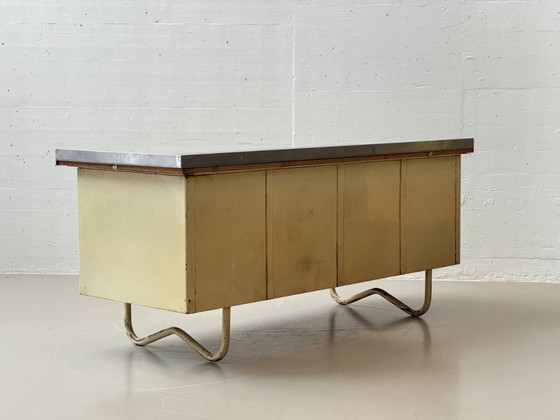 Image 1 of Industriële dressoir met roestvrijstalen blad, authentiek studio meubilair uit de jaren 50