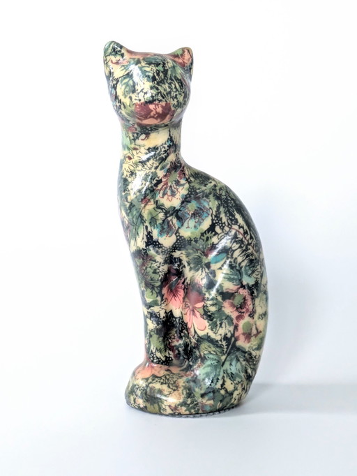 Papier Mâché Cat | Floral Decoupage Figurine | Vintage