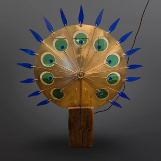 Image 1 of Artful light object brass and oak, Netherlands 1970s