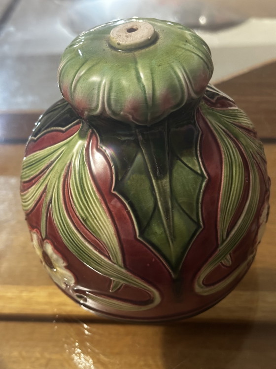 Art Nouveau lamp element in glazed ceramic with floral decoration, France, early 20th century (photo 4 of 15)