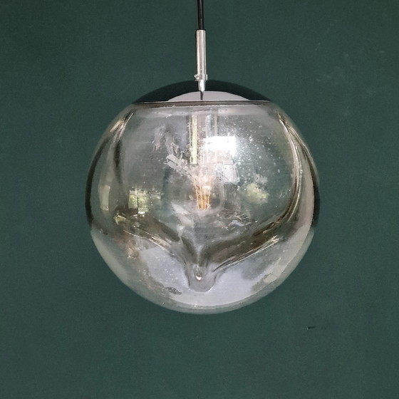 Image 1 of Lampe pendante vintage de l'ère spatiale - Hustadt Leuchten - Verre et métal chromé - Ø 30 cm - 1970