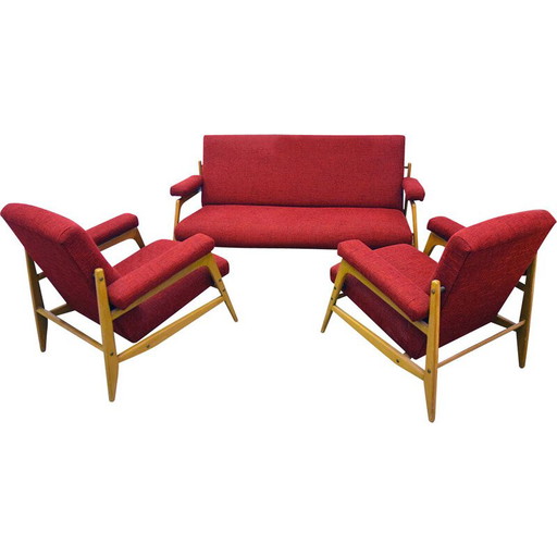 Pareja de sillones vintage en madera de arce y tela con sofá de 3 plazas, 1960
