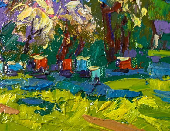 Image 1 of Original Oil Painting Day Trees Landscape Spring in the village