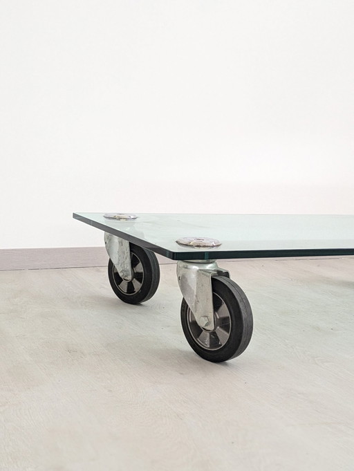Table basse - Cristal - Table basse en cristal, sur roulettes, dans le style de Gae Aulenti