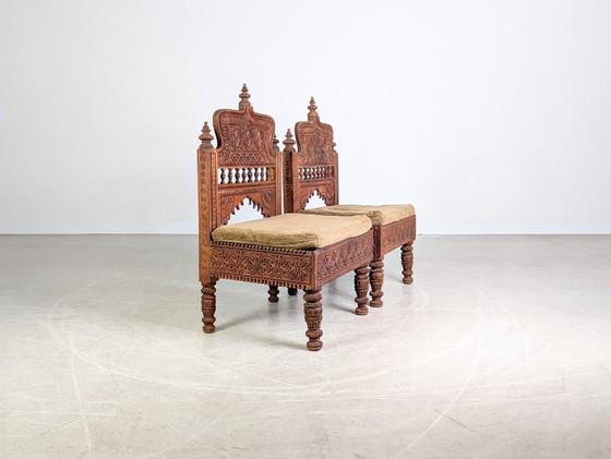 Image 1 of Ensemble de 2 fauteuils de salon indiens, fauteuils Art déco sculptés à la main