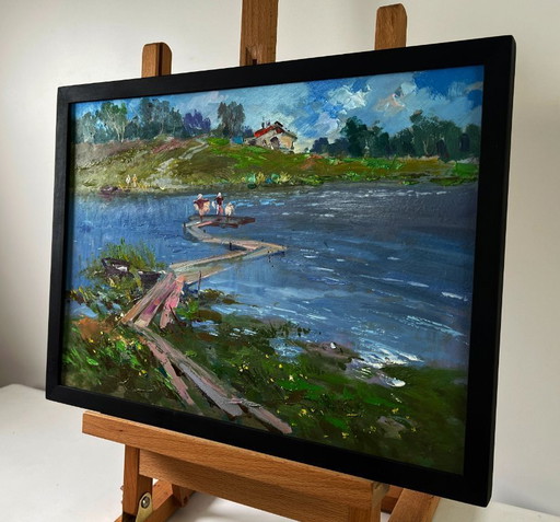 Original Oil Painting Summer Coastal Landscape People looking at the flow of river