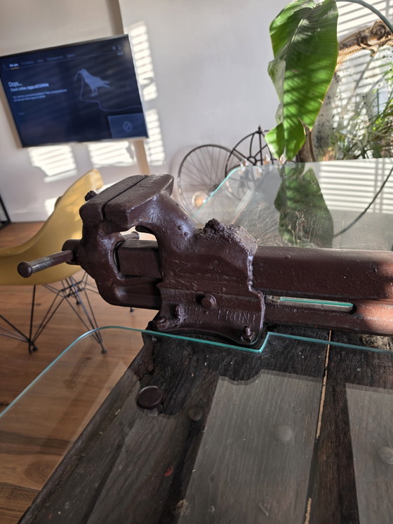 Image 1 of Authentic industrial workbench / dining table with original vise – approx. 100+ years old