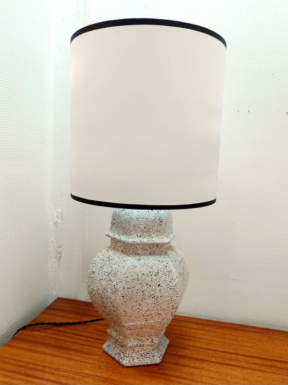 Vintage black and white ceramic lamp with satin lampshade, Table lamps, Textile (photo 3 of 11)