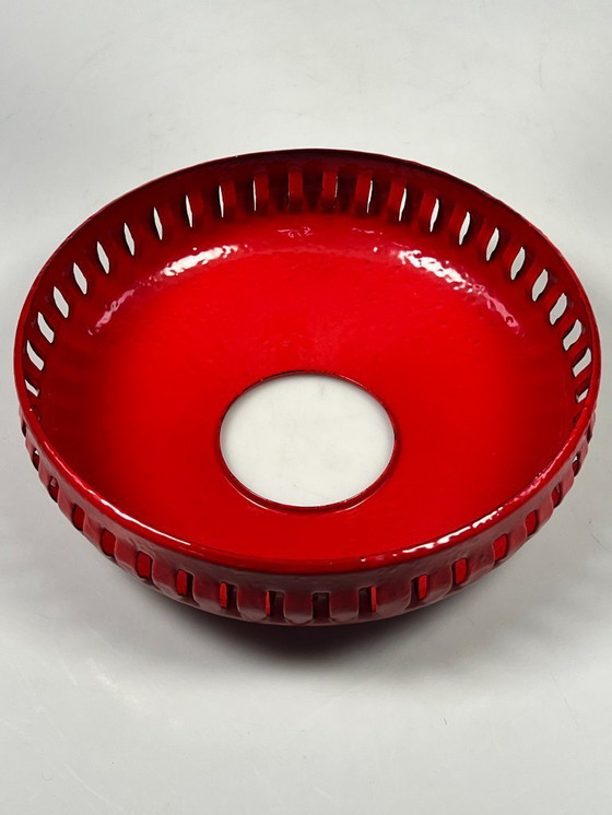 Image 1 of Vintage Hanglamp, Rood Emaille, Wit Opaalglas, Hustadt Leuchten, Duitsland 1960's