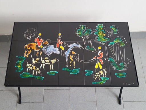 TABLE BASSE TABLE D'APPOINT VINTAGE 1950 CERAMIQUE & METAL CHASSE A COURRE 50S