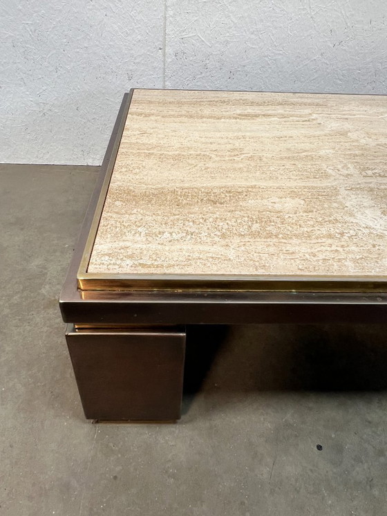 Image 1 of Grande table basse vintage, Belgochrom, Belgique, années 1970. Travertin et laiton