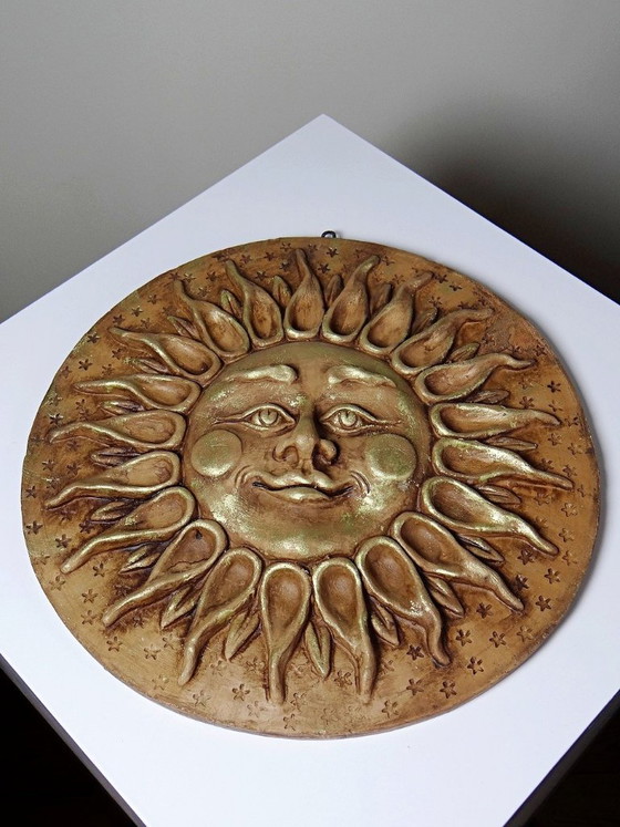 Image 1 of Grande scultura murale antropomorfa a forma di sole in terracotta patinata, artigianato italiano vintage