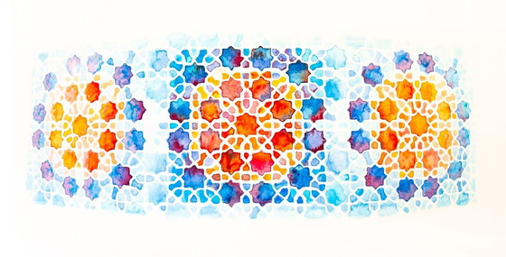 Image 1 of Original watercolor of a Moorish tile. Arabic tile painting. Geometric painting. Watercolor with a geometric motif.