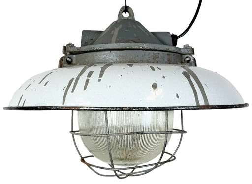 Industrial Grey Enamel Factory Cage Pendant Lamp in Cast Iron from Zaos, 1960s