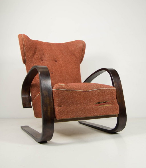 Rare fauteuil à oreilles en bois courbé de style tank, par Navratil, Tchécoslovaquie, années 1930