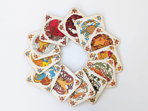 Set of 12 Vintage Zodiac Coasters | German Astrological Signs | 1970s Art Nouveau Style