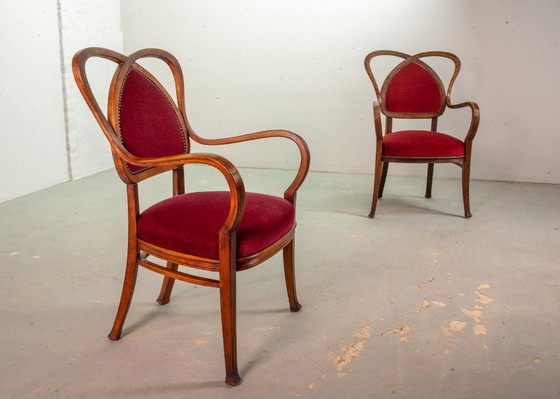 Image 1 of Red Velvet Heartshaped Wooden Vintage Design Side Chairs. Set of 2. 1950s.