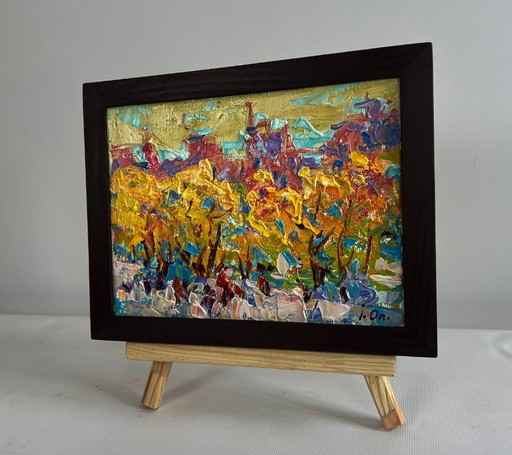 Original Oil Painting Autumn City Landscape Autumn city alley