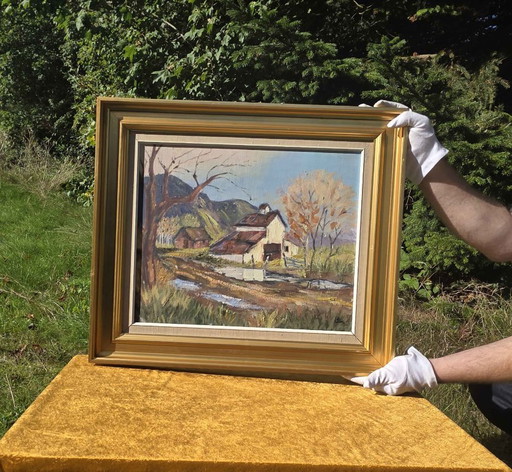 Dipinto a olio vintage di paesaggio - Scena di fienile a impasto