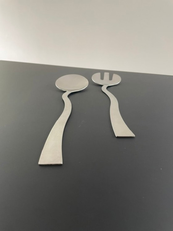Image 1 of Eleganti posate da insalata in acciaio inossidabile dalla forma ondulata