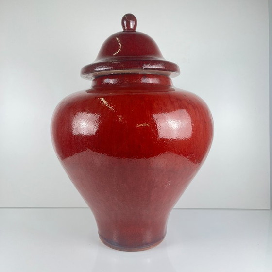 Image 1 of Grande vaso giapponese vintage con coperchio – ceramica smaltata rosso bordeaux – marchio di fabbrica – 49 cm