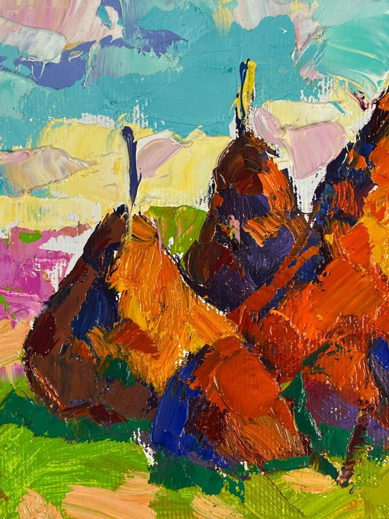 Image 1 of Original Oil Painting Nature Landscape Haystacks in a Field