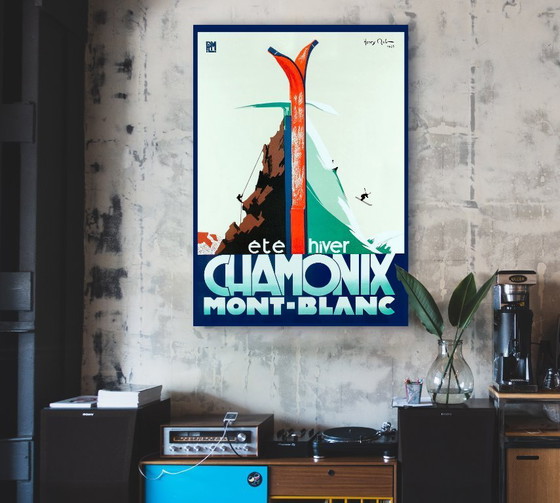 Image 1 of Chamonix Mont-Blanc, zomer/winter – Vintage skiposter van Henry Reb, 70 x 100 cm