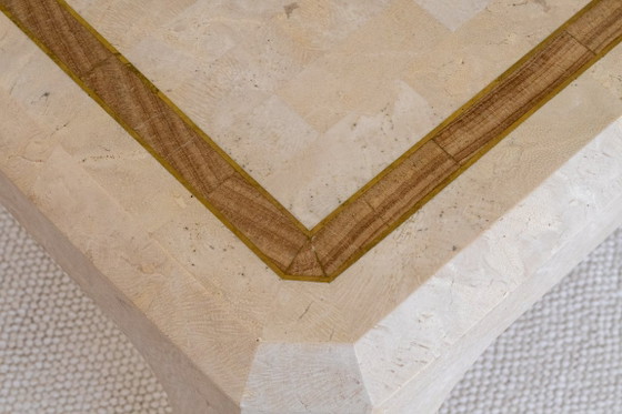 Square travertine coffee table in the style of Maitland-Smith, Wood, Beige, Postmodern (photo 4 of 6)