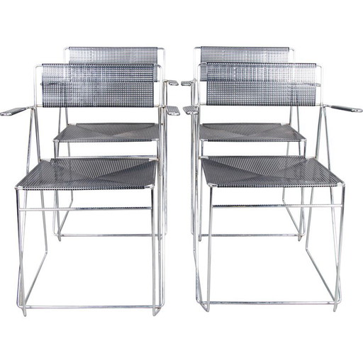 Set of 4 vintage chrome steel dining chairs by Niels Jørgen Haugesen for Hybodan A/S, Denmark 1977