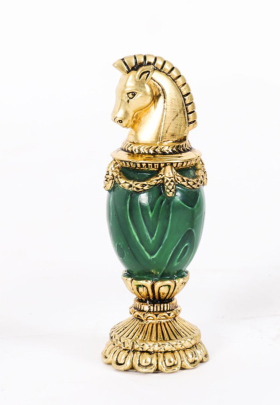 Image 1 of Jeu d'échecs Fabergé vintage en noyer, marbre d'Amboine et malachite, XXe siècle
