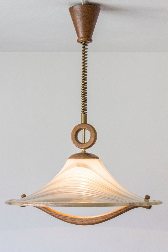 Image 1 of Large 1970s Cristallux Organic Brutalist Rise & Fall Pendant – Handarbeit West Germany – Acrylic & Solid Wood