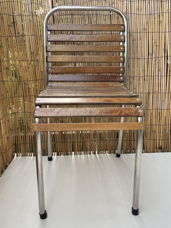 Image 1 of Franse bistrostoelen stapelbaar (set van 4) van chroom en hout