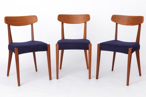 Set of 3 Danish Teak Chairs 1960s, Vintage Mid Century Dining Chairs, Dark Blue Upholstered Seats