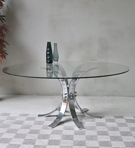 Tavolino rotondo in vetro con base in acciaio inox