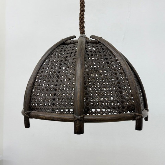 Image 1 of Vintage rattan and webbing hanging lamp 1970s retro