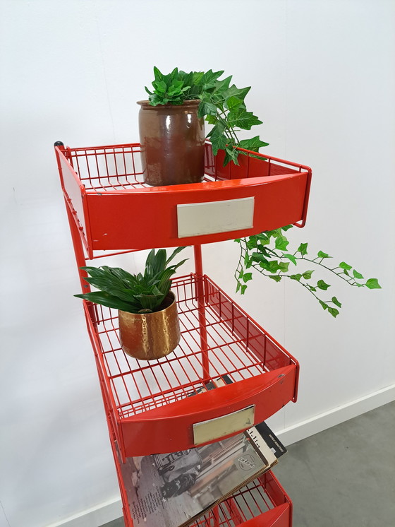 Image 1 of Red Metal Shop Display Case Shop Rack With Baskets Vintage