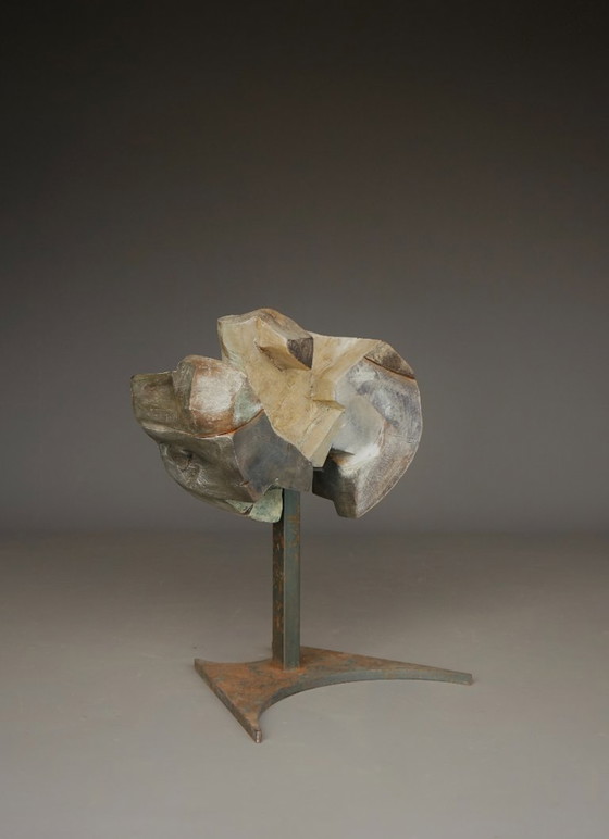 Image 1 of Gesneden brutalistisch abstract beeldhouwwerk, jaren 70, hout en metaal