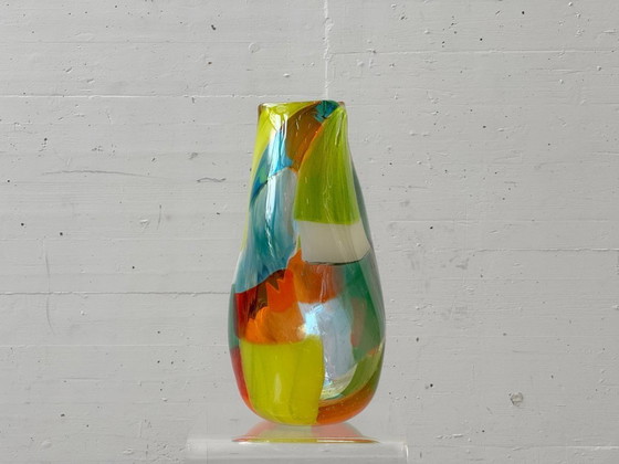 Image 1 of Murano style studio glass vase patchwork, Mdina Glass hand signed Malta, 1970s
