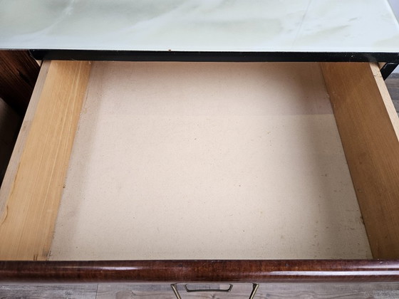 Image 1 of Vintage six-drawer mahogany burl dresser with glass top, 1960